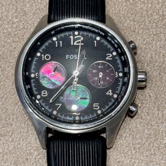 Black Multi-Function Fossil Watch with Black Plastic Band - Picture 1 of 3